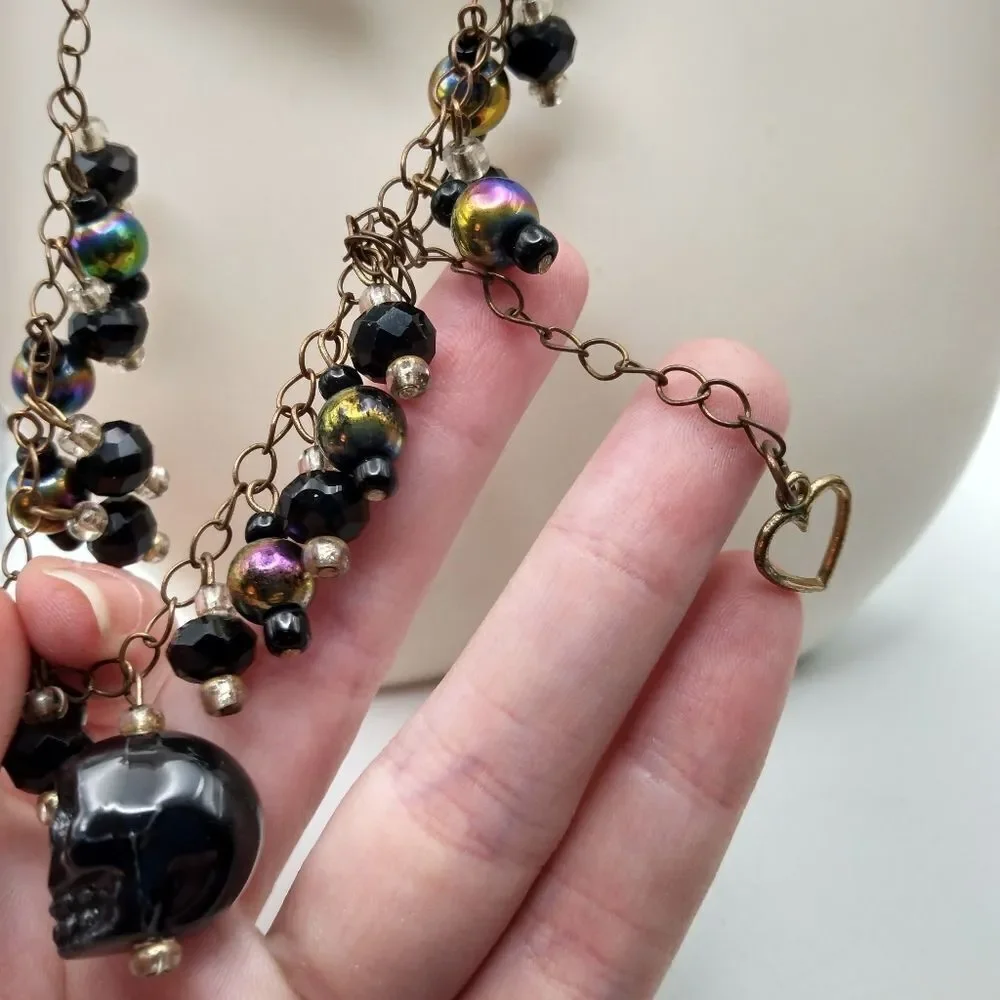 Gothic skeleton black beaded necklace‎ N3338